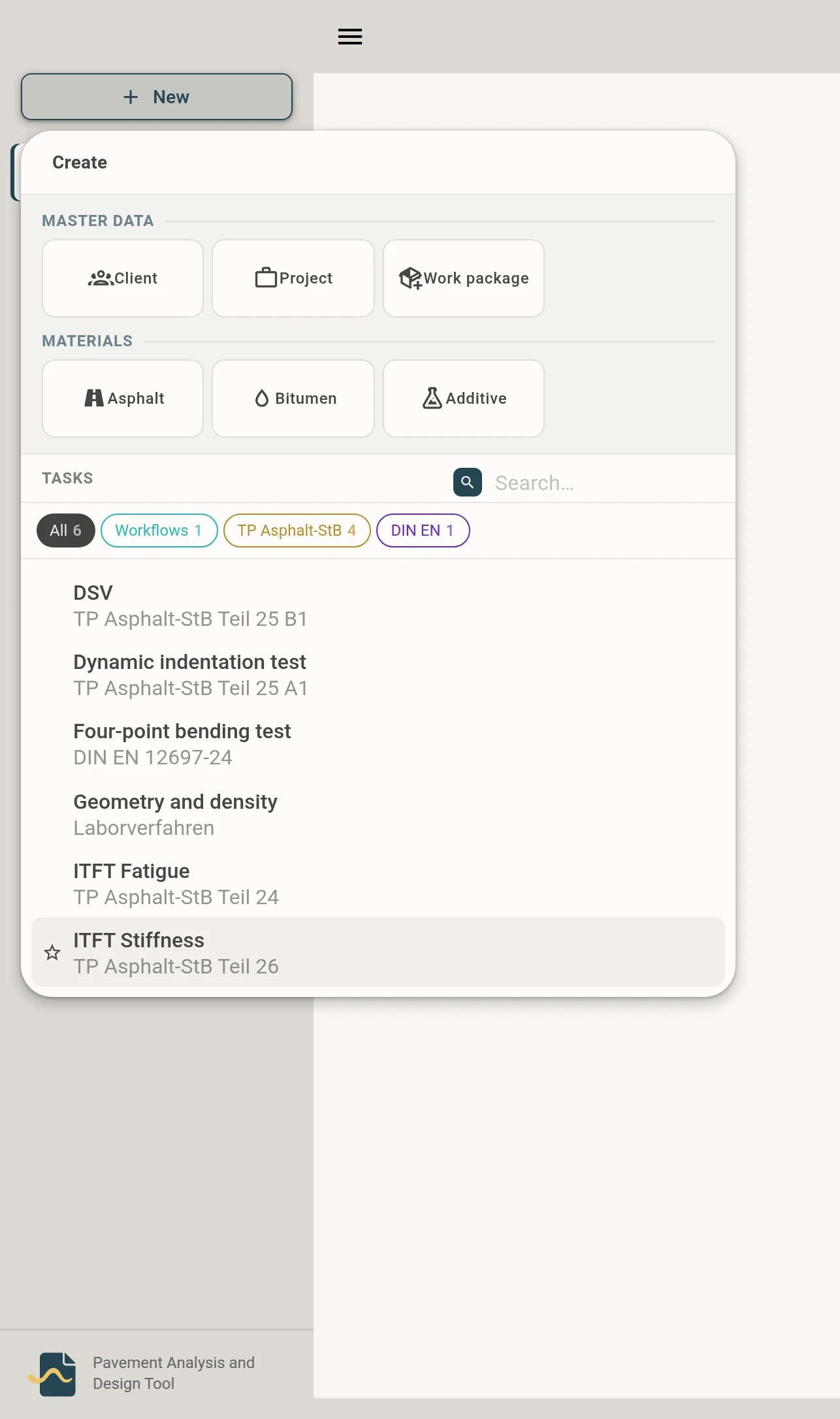 New menu with tiles for master data and the list of all tests with favourites