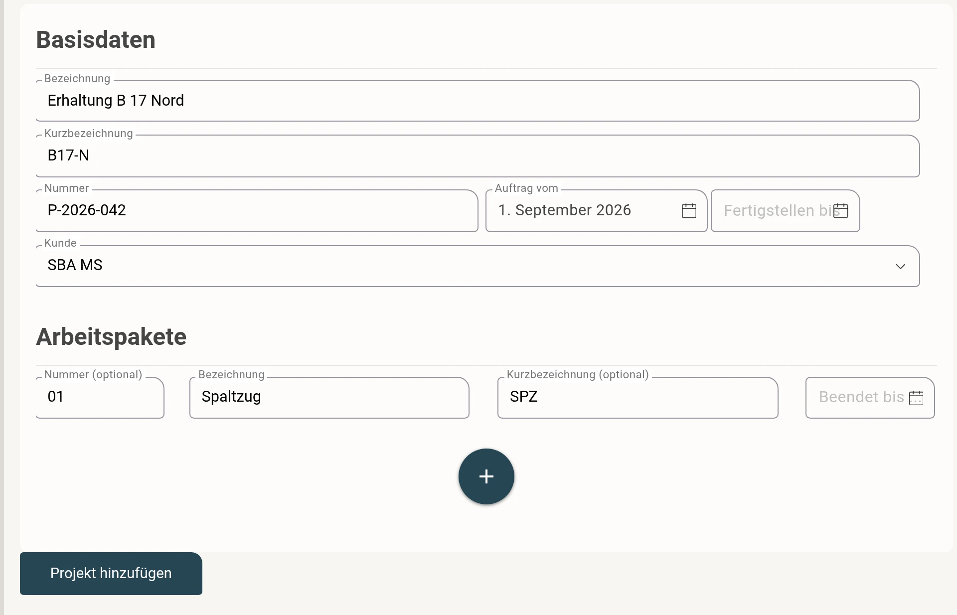 Formular Projekt anlegen mit Bezeichnung, Nummer, Kunde und Arbeitspaketen