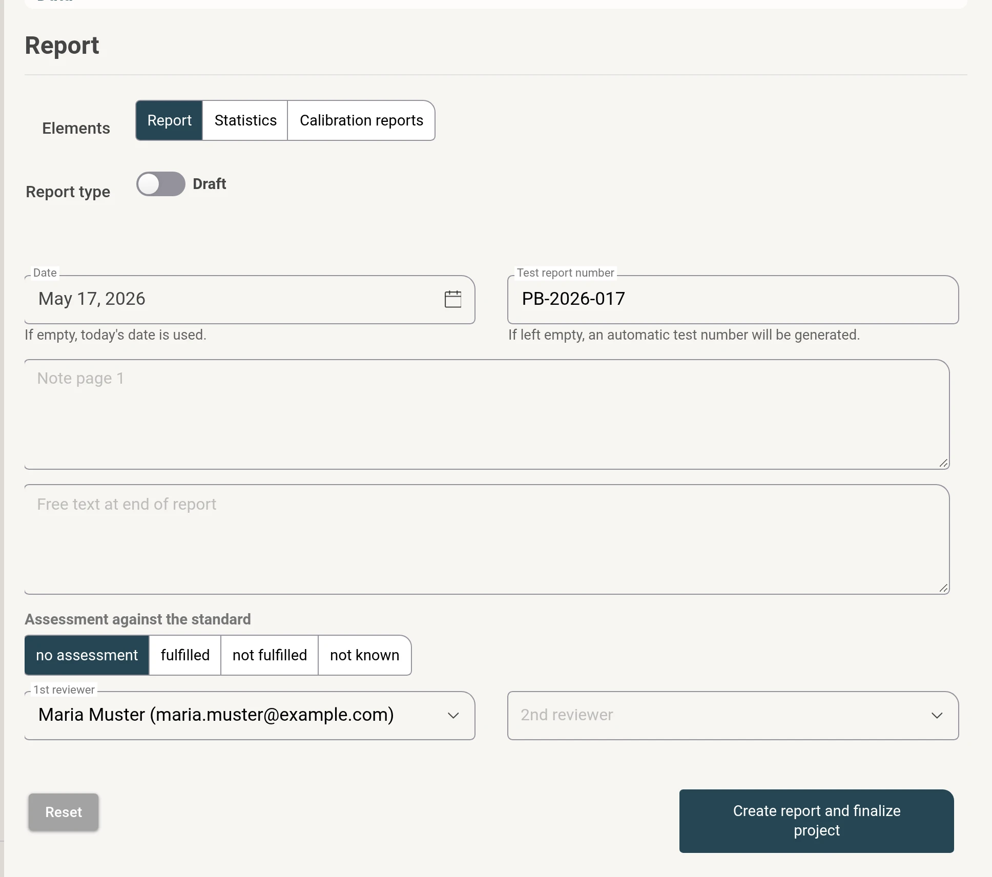 Report box with contents, reviewers and the button for creating the report